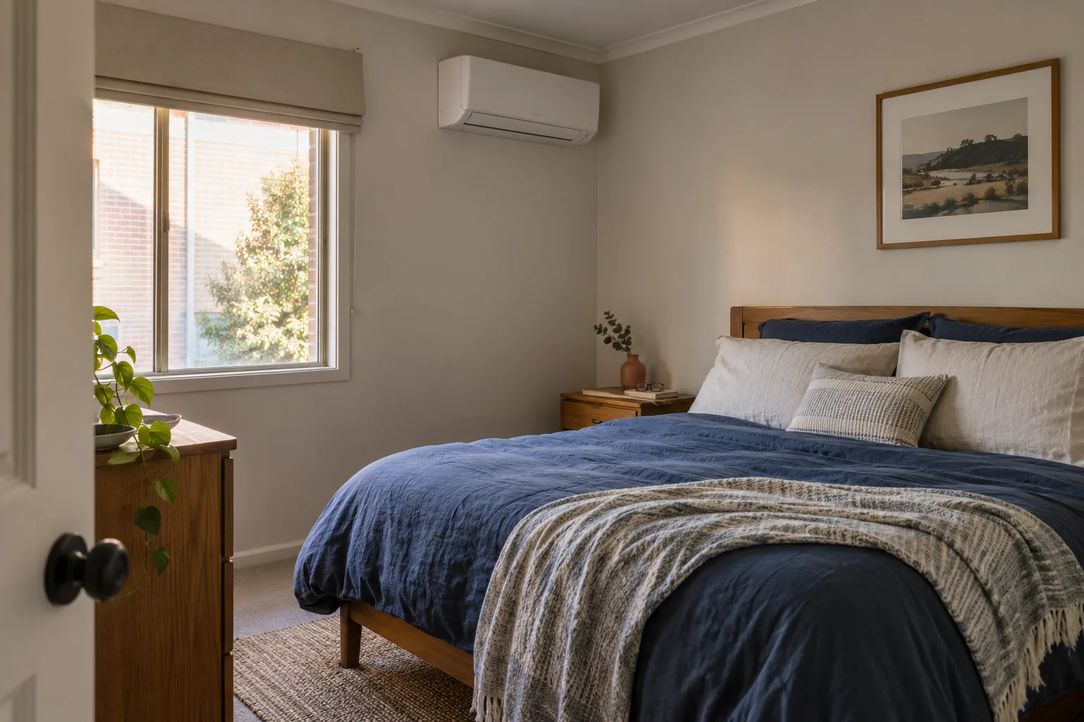 Bedroom with a quiet wall-mounted split system unit