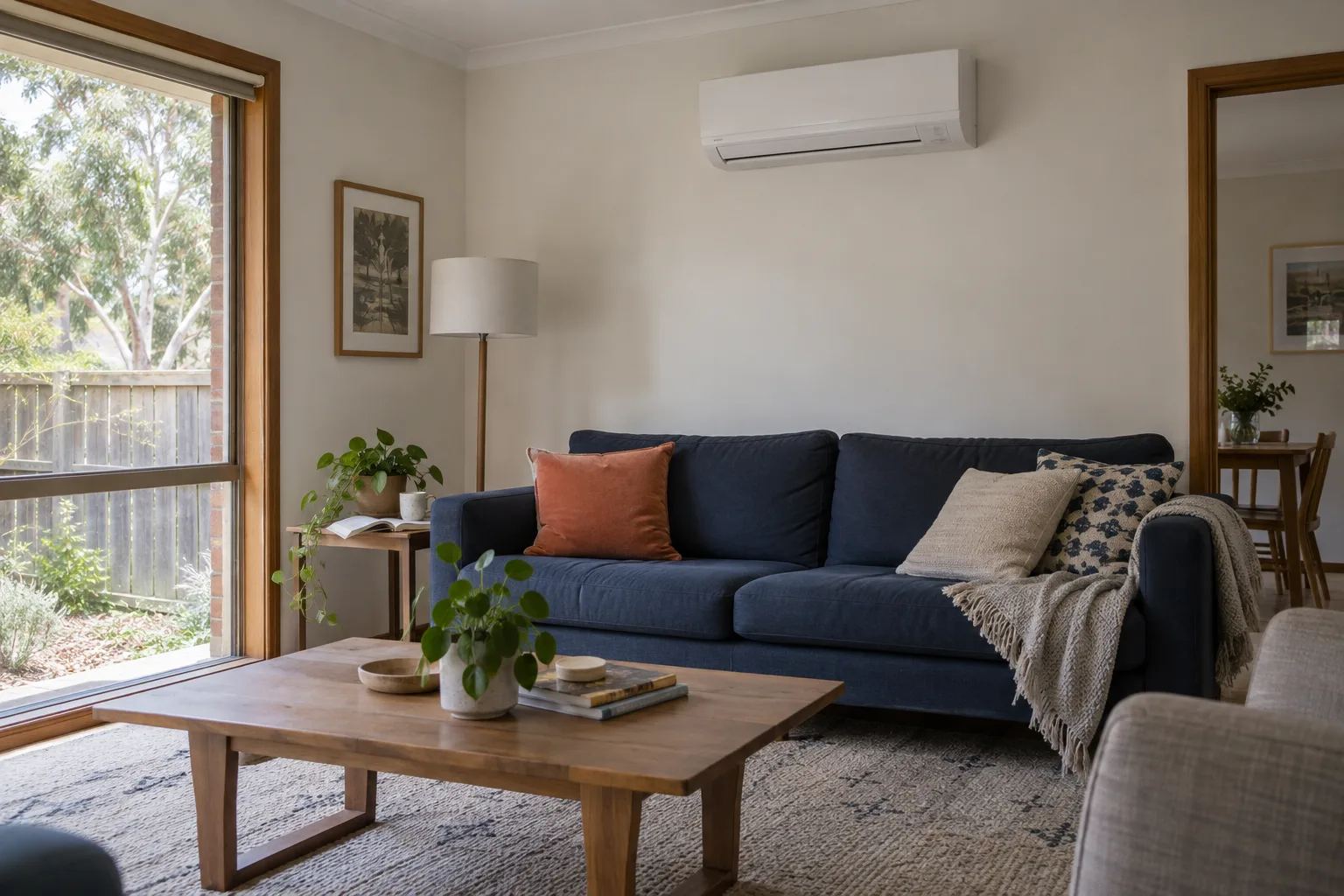 Living room with a split system air conditioner on the wall