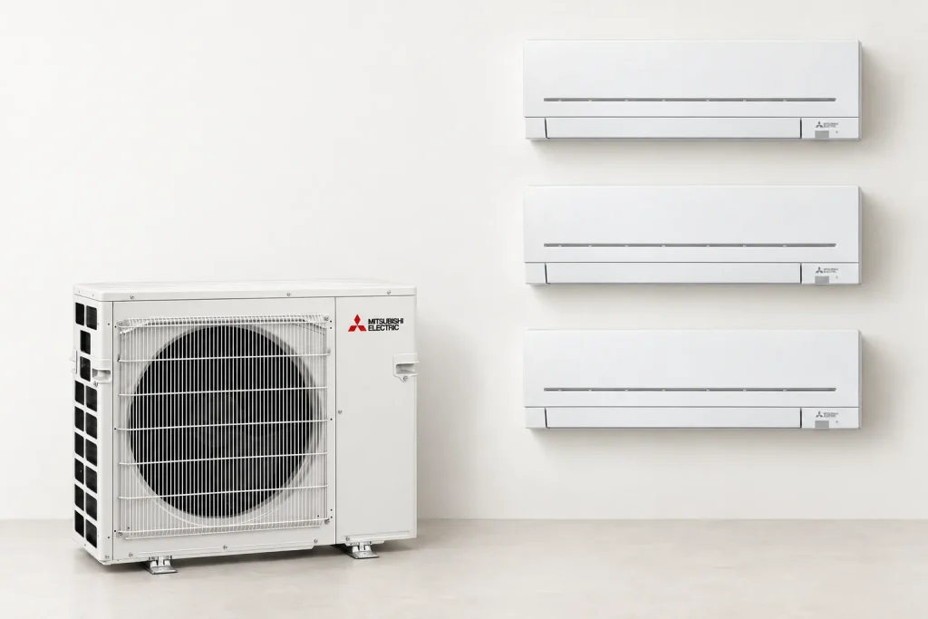 Mitsubishi Electric multi split system: one outdoor unit running three wall units
