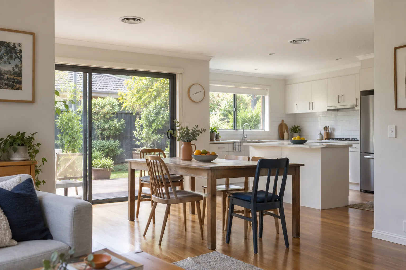 Open-plan living and kitchen with ducted ceiling outlets