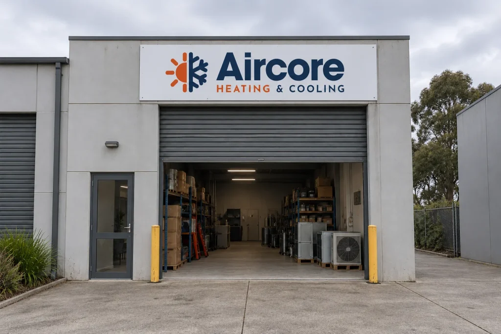 Aircore Heating and Cooling warehouse with equipment ready for installation